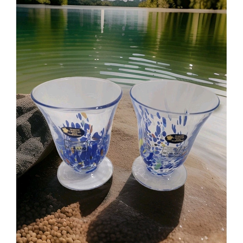 Set Of 2 White Cristal Confetti Footed Glasses Hand Made Italy 10oz Murano Style